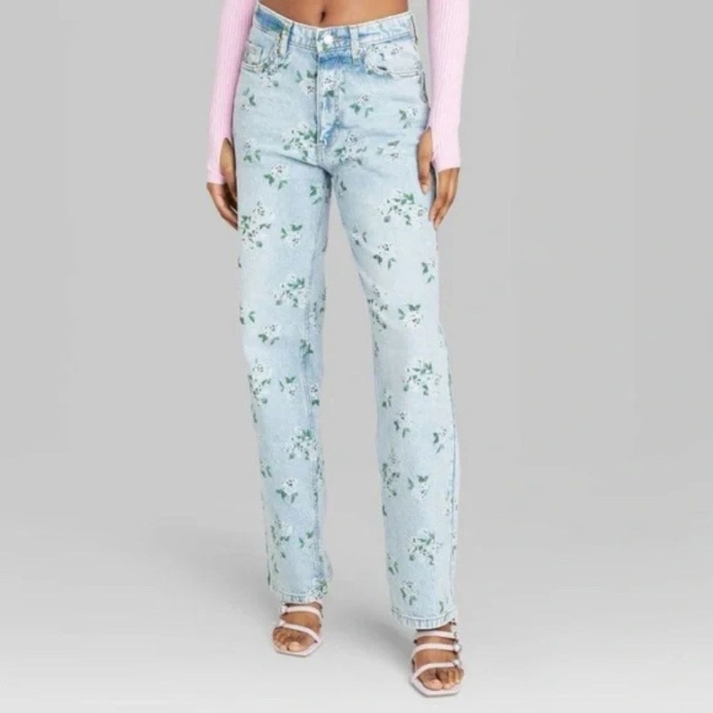 Wild Fable 90’s Relaxed Straight Jeans Light Blue Floral Print Y2K Aesthetic - 0
